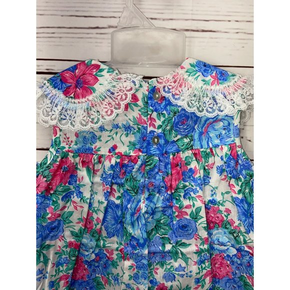 Vintage Forever Floral Blue Pink Lace Trim Size 18 Months Girl's Sleeveless Dres - Picture 7 of 9